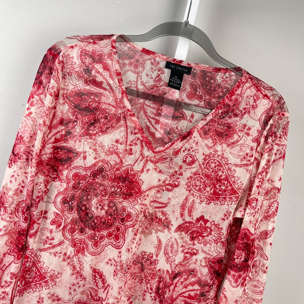 Vintage The Limited Mesh Y2K Top‎ Womens XL Red Paisley Floral Rhinestones